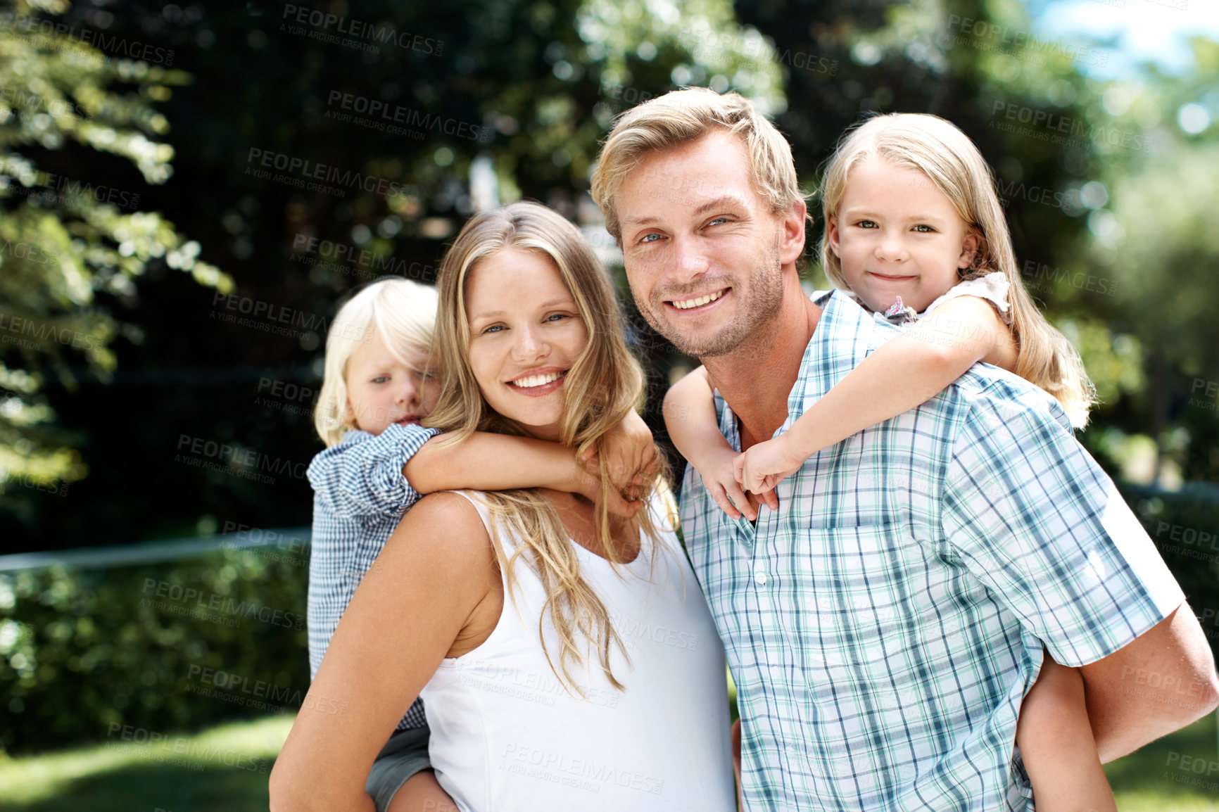 Buy stock photo Happy, parents or children with piggyback at park for weekend outing, bonding together or support. Love, people or kids portrait in nature for family connection, healthy relationship or holiday break