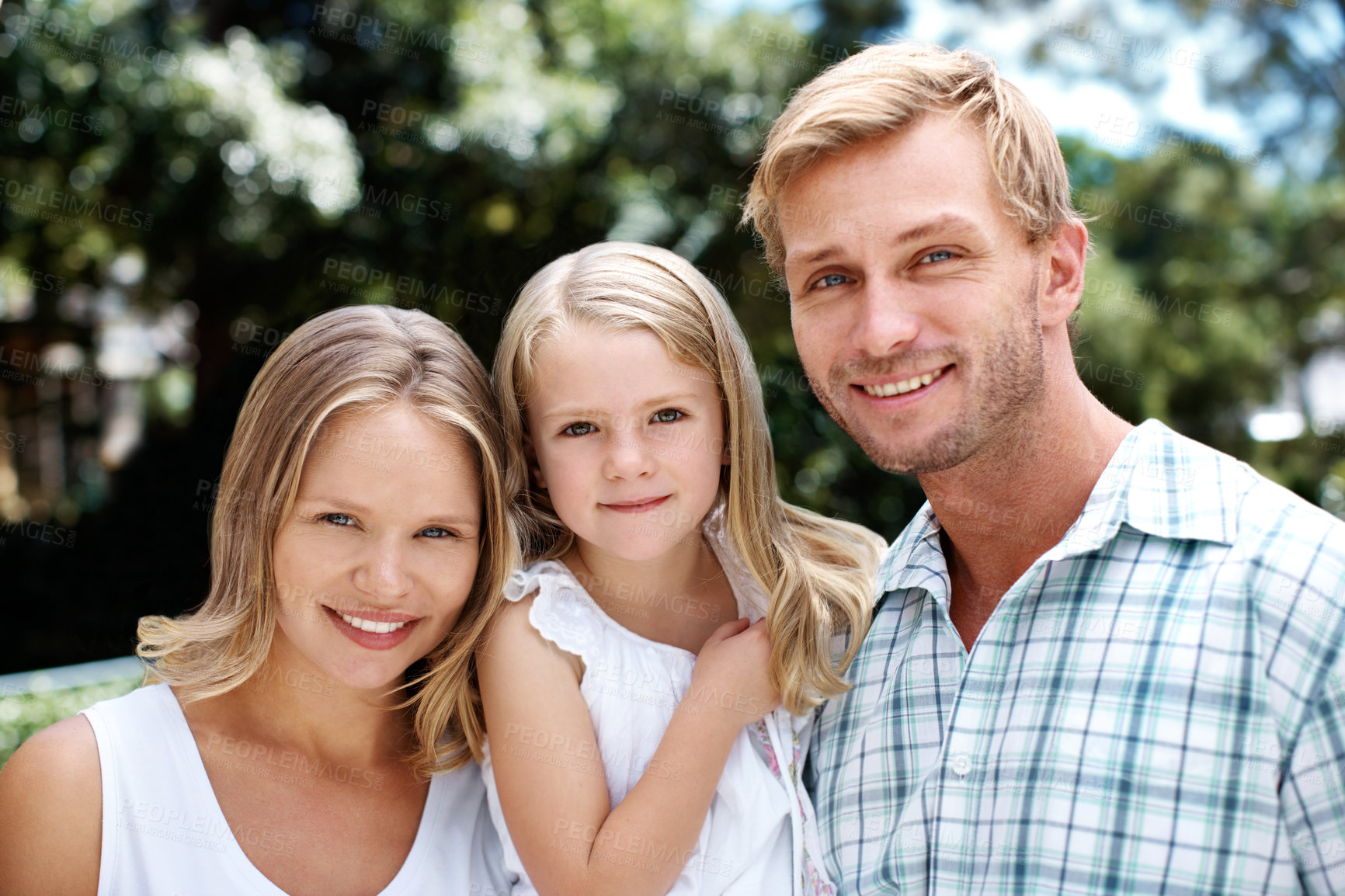 Buy stock photo Happy, parents and child with support in backyard for weekend break, bonding together and security. Care, people and kid portrait in home garden for family connection, healthy relationship and trust