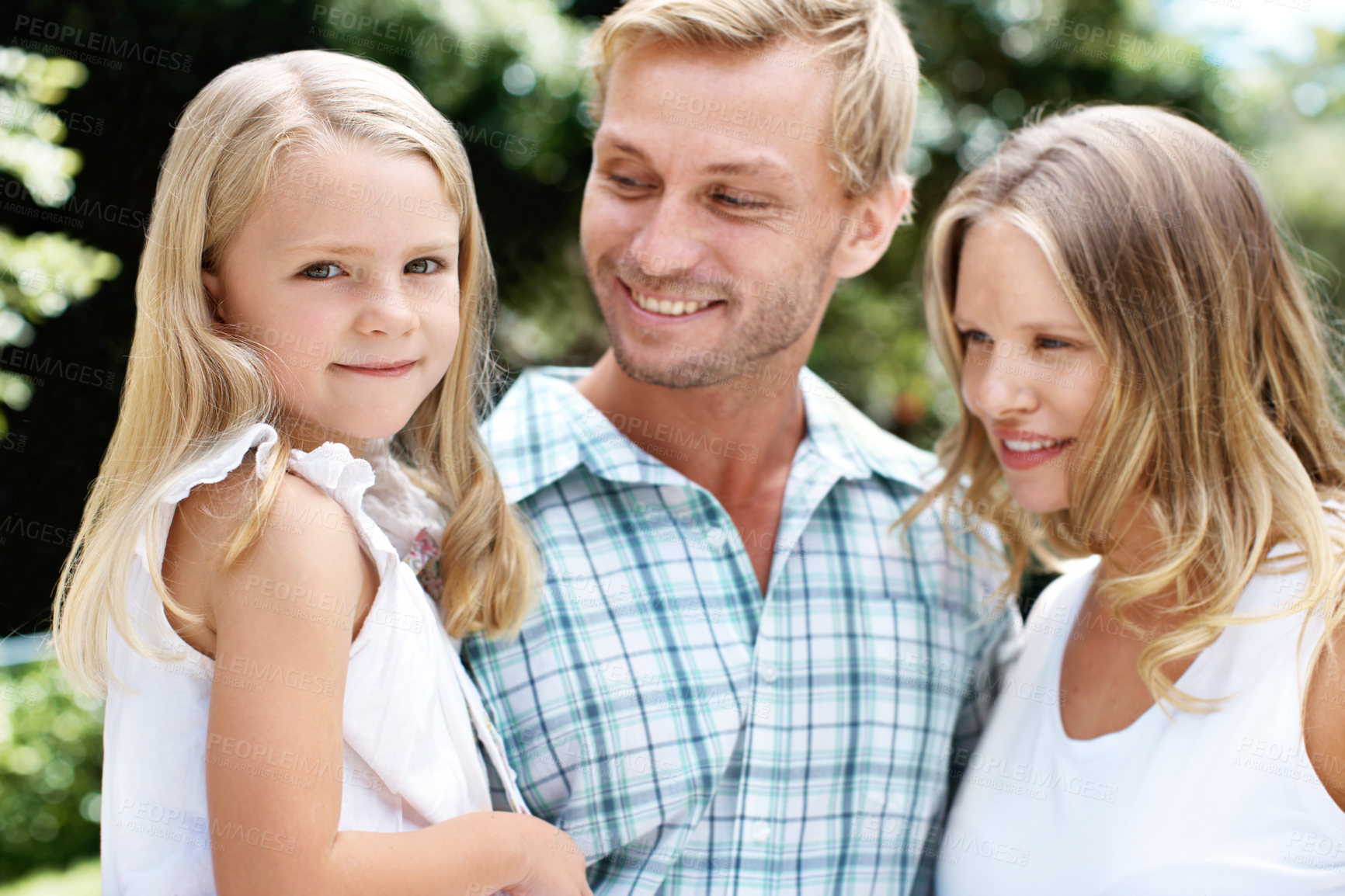 Buy stock photo Smile, relax and love with family outdoor for support, bonding and connection. Happiness, trust and weekend break with parents and portrait of child in nature for summer vacation, care and holiday