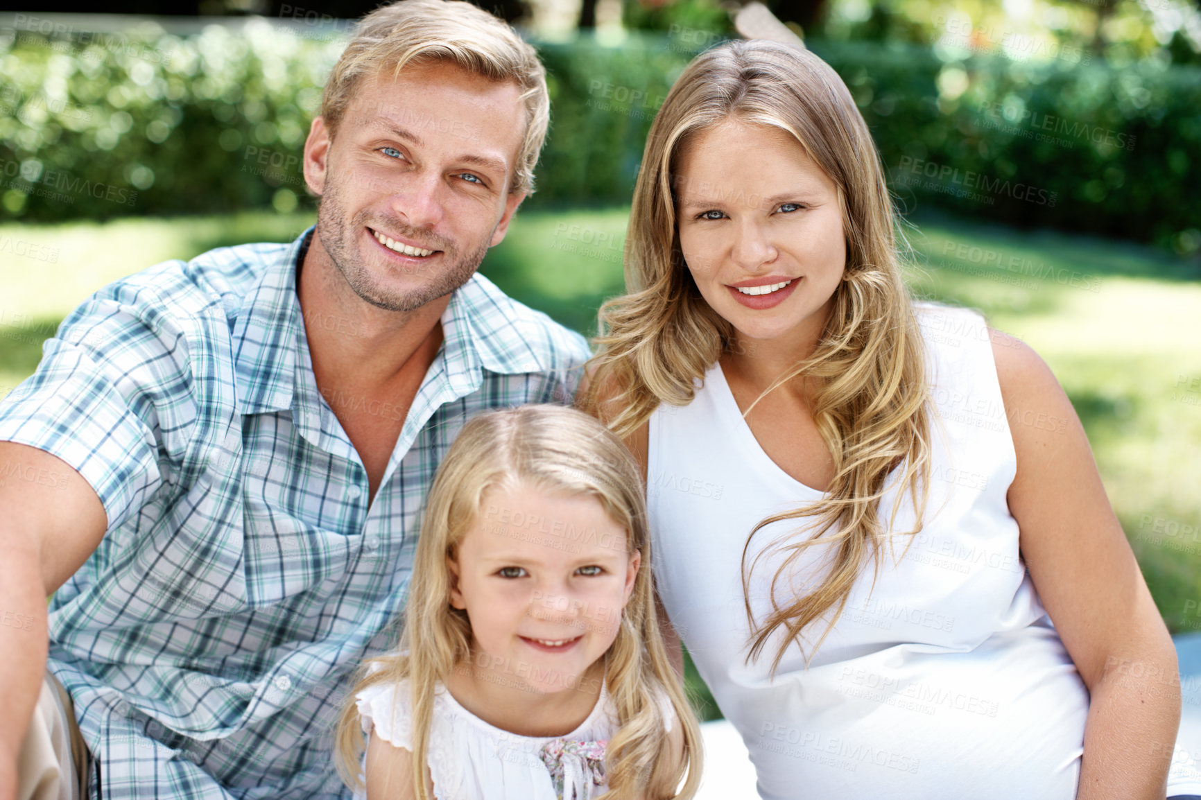Buy stock photo Family, park and portrait of parents with girl for summer holiday, weekend and love outdoors. Picnic, nature and happy mother with father, daughter and smile for bonding and relax in together