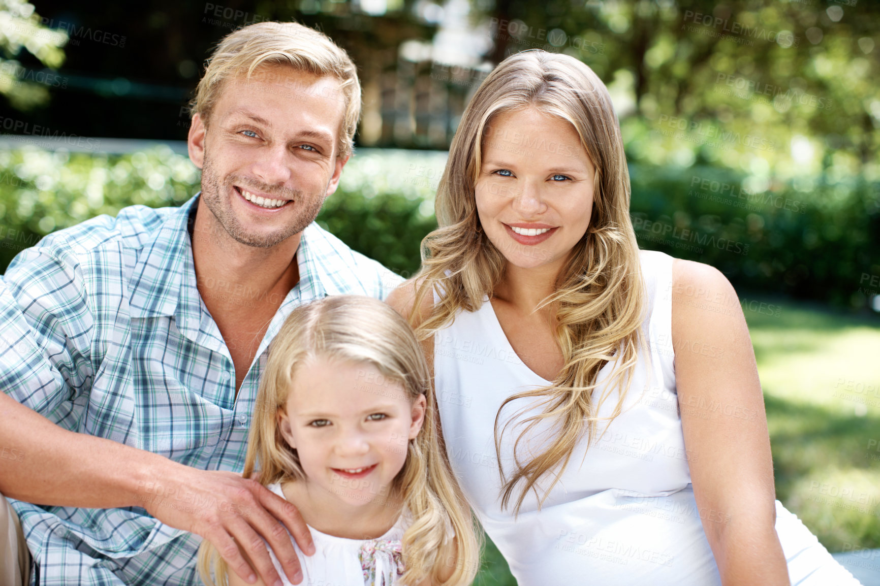 Buy stock photo Family, nature and portrait of parents with girl for summer holiday, weekend and love outdoors. Picnic, park and happy mother with father, daughter and smile for bonding and relax in together