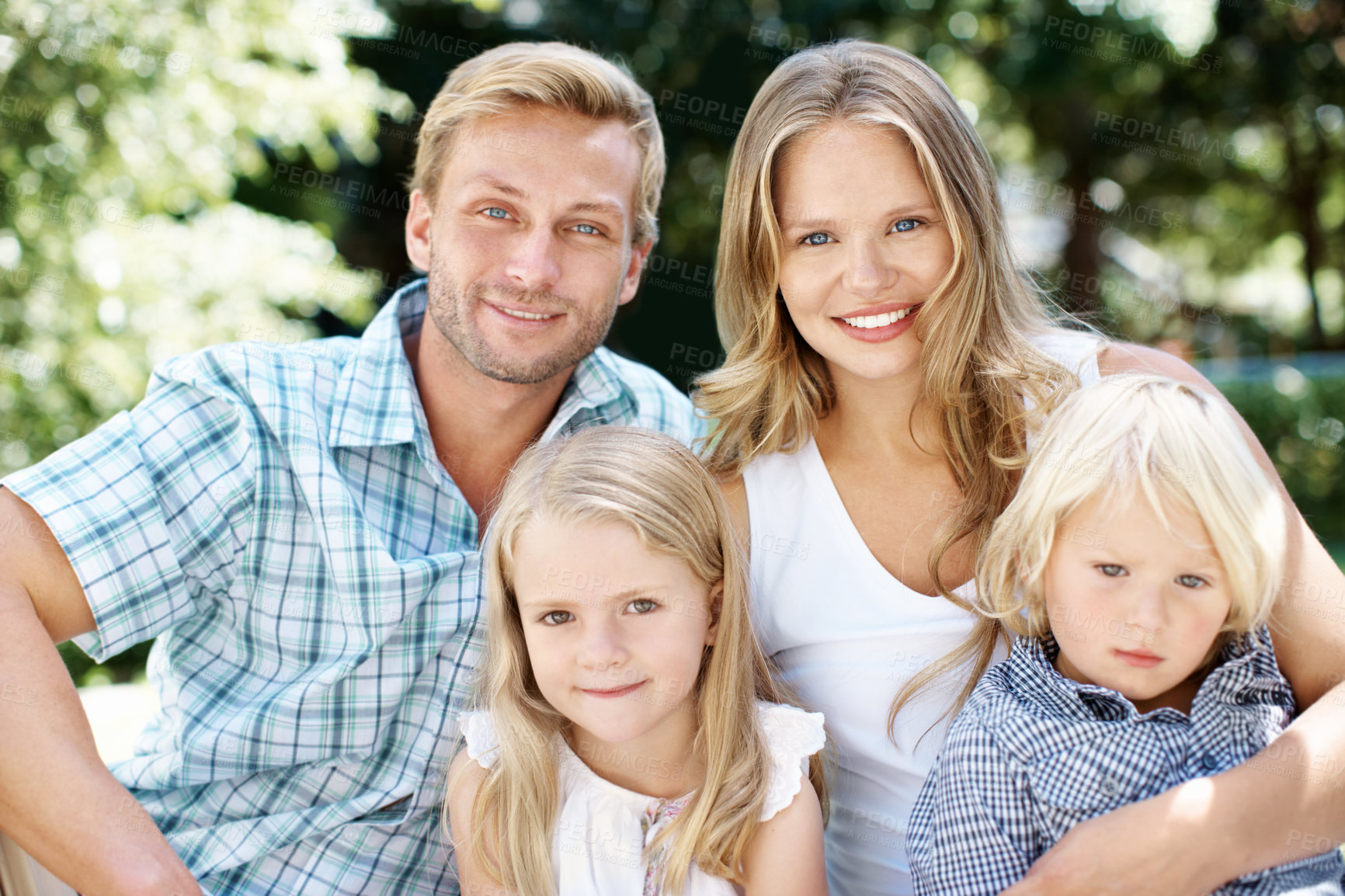 Buy stock photo Family, nature and portrait of parents with children for summer holiday, weekend and love outdoors. Picnic, park and happy mother with father, kids and smile for bonding and relax in together