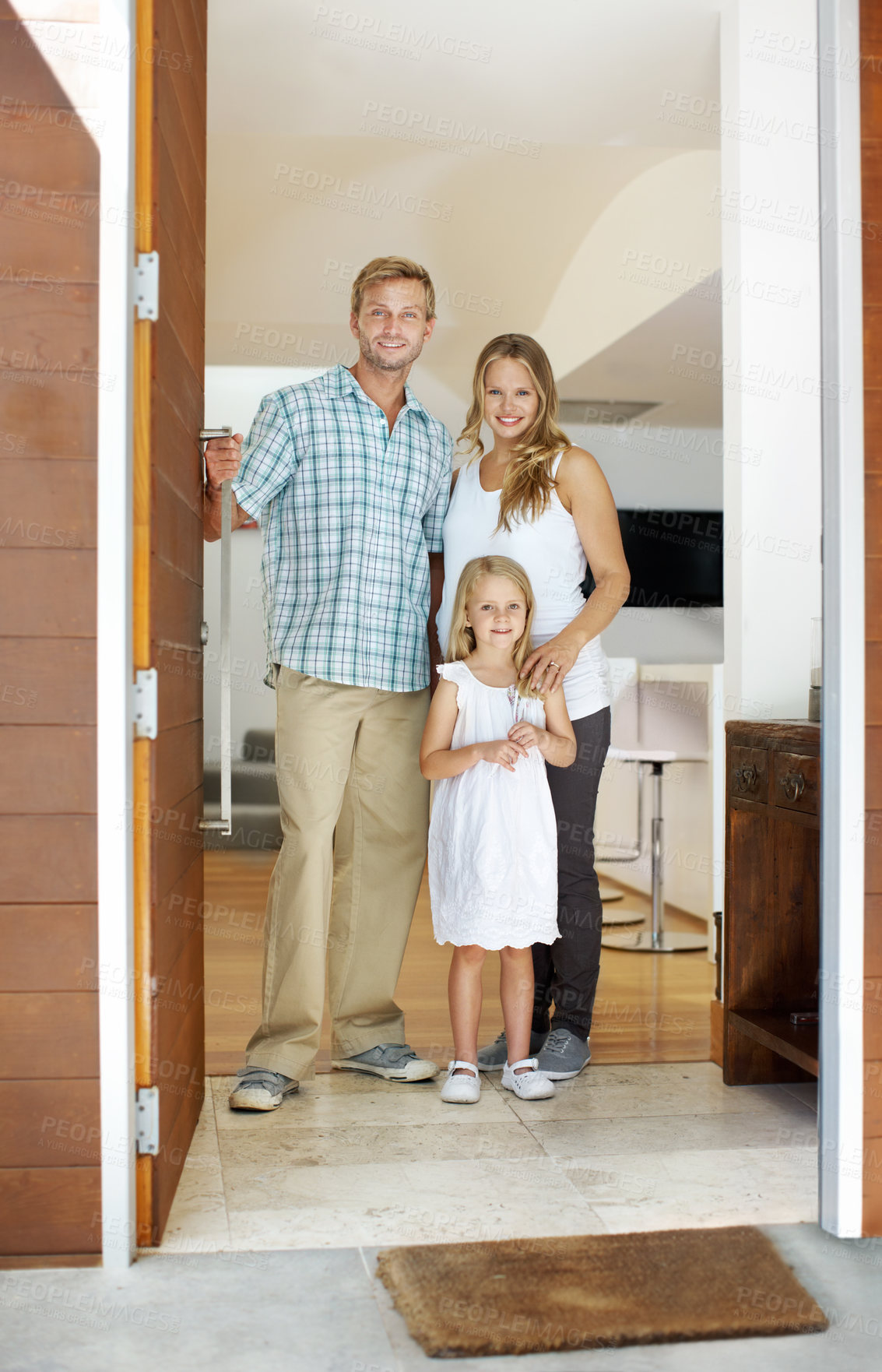 Buy stock photo Happy, parents and kid portrait at front door for new home welcome, mortgage pride or security. Real estate, people or child with smile for first house purchase, family investment or moving milestone