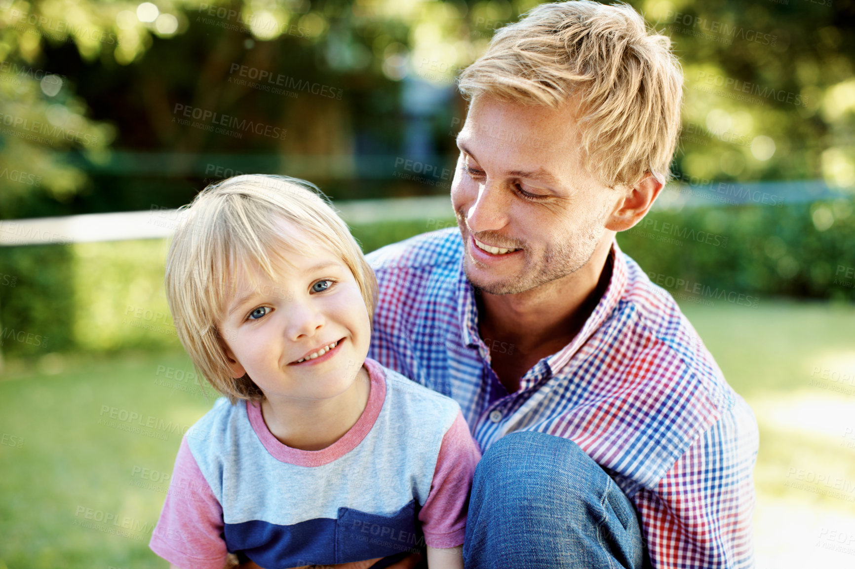 Buy stock photo Love, dad and child relax at park for bonding together, family outing and relationship development. Happy, father and boy kid with portrait outdoor for weekend break, connection or support on holiday