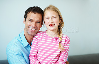 Buy stock photo Bonding, father and daughter on sofa with portrait, healthy relationship or trust with childcare. Happy, space or family in house with care, parenthood or loving connection for child development.