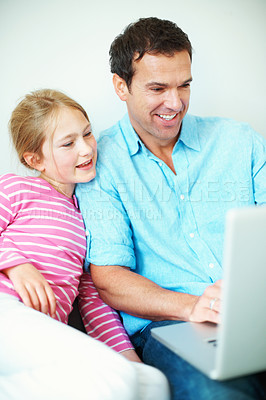Buy stock photo Father, child and watching movie in house with laptop, streaming cartoon or bonding together on weekend. Happy, man and daughter relax in living room with computer, kids show or online entertainment.
