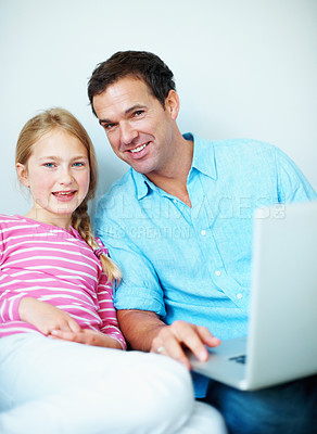 Buy stock photo Laptop, happy and portrait of father with child in home with bonding, relax or browsing for movie. Smile, computer and dad with girl kid for choosing film, show or series together on weekend in house