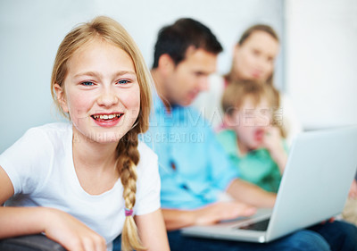 Buy stock photo Portrait, child and relax at house with smile, positive attitude and calm morning for peace. Happy, girl and unwind in living room with family, comfortable and chilling on sofa for growth development