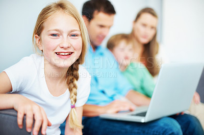 Buy stock photo Portrait, kid and relax at house with smile, positive attitude and calm morning for peace. Happy, girl and unwind in living room with family, comfortable and chilling on sofa for growth development