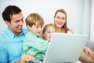 Buy stock photo Laptop, family and father laugh with child for educational game, bonding and development in home. Sibling, parents and computer for learning at house with funny meme, teaching kid and reading story