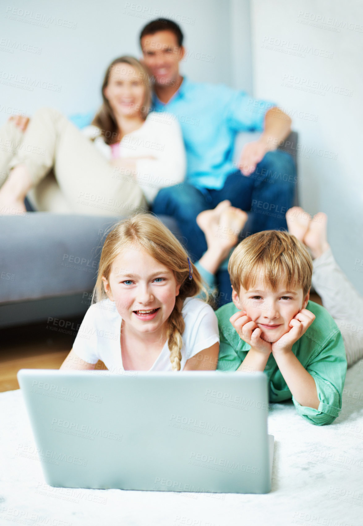 Buy stock photo Relax, portrait or kids on floor with laptop, cartoon series or bonding with movie streaming. Happy, parents or children in home with tech, multimedia subscription or family show on digital platform.