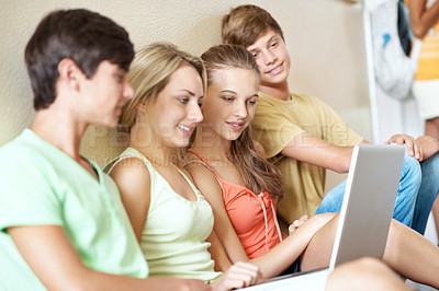 Buy stock photo Learning, friends and teens with laptop at high school for knowledge, assignment research or course. Students, boys and girls with computer for education project, academic development and smile