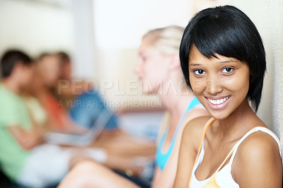 Buy stock photo Portrait, break or girl in high school with pride, knowledge or scholarship in academic development. Education, gen z or student in lobby with confidence, ambition or growth in learning opportunity.