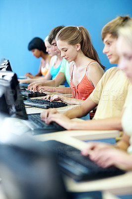 Buy stock photo Education, typing and girl with computer at high school for knowledge, IT assignment or course. Teenager, students and class project with desktop for learning software, academic development or study