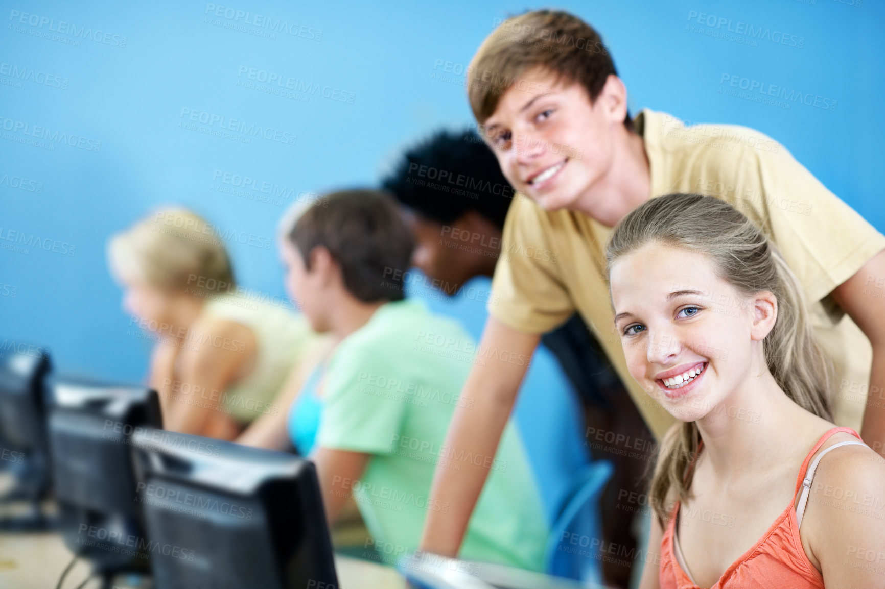 Buy stock photo Computer, education and portrait with friends in classroom for learning, lecture or IT lesson. Teenager people, high school and tech with students for programming class, online assessment or project