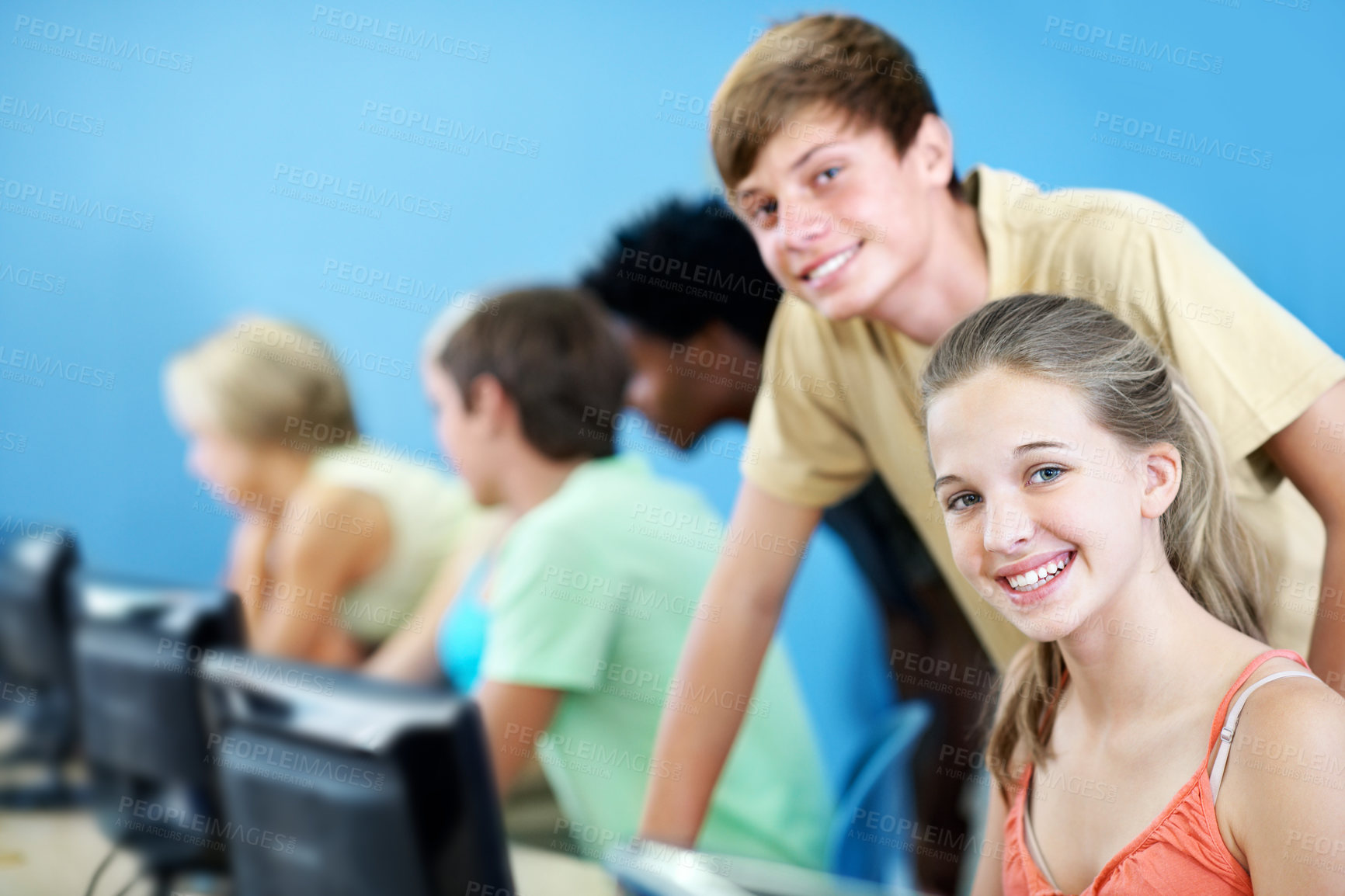 Buy stock photo Computer, learning and portrait with friends in classroom for education, teamwork or IT lesson. Teenager people, high school and tech with students for programming class, online assessment or project