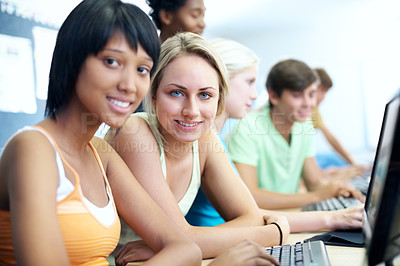 Buy stock photo Computer, education and portrait with students in classroom for learning, lecture or IT lesson. Teenager, high school and technology with learner for programming class, online assessment or project