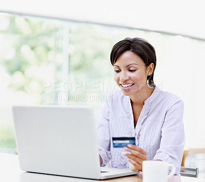 Buy stock photo Laptop, credit card and woman at desk for online shopping, smile for deal or payment with discount. Internet banking, ecommerce and person happy for webshop sale, fintech or transaction at house