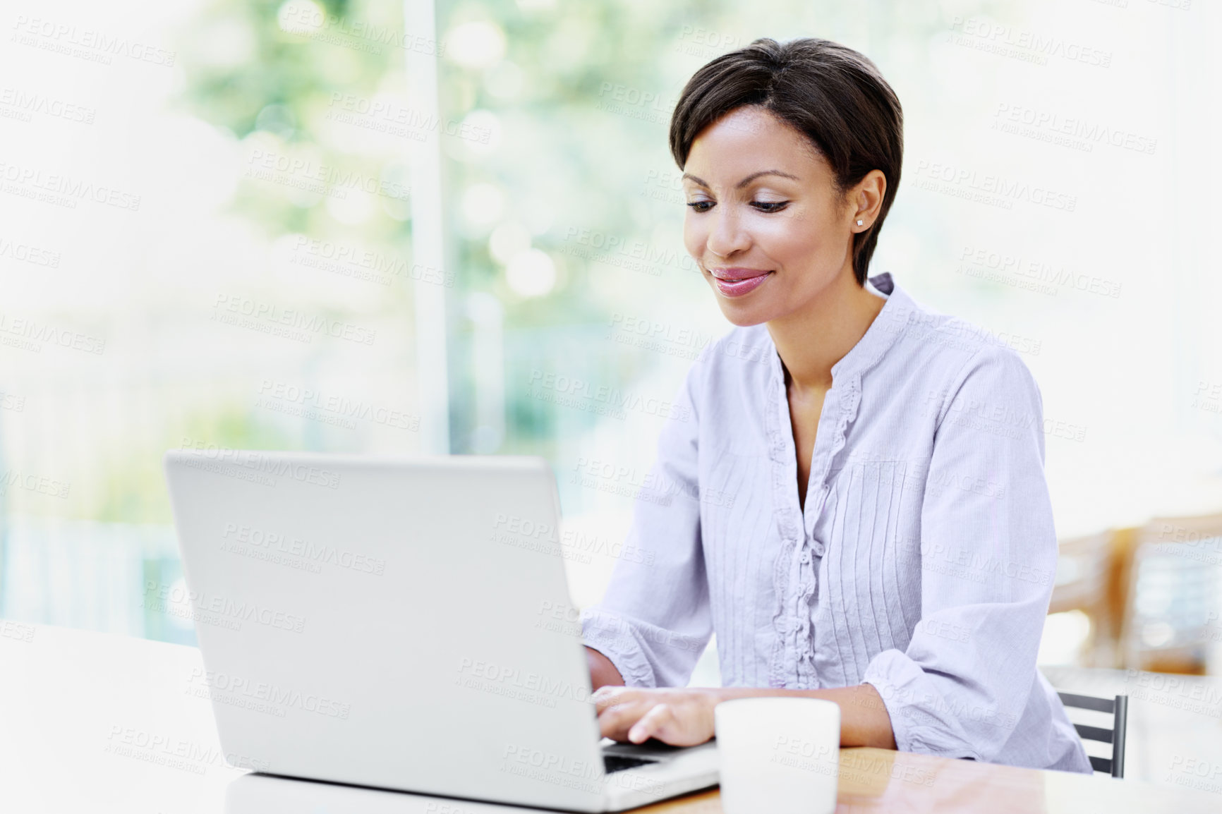 Buy stock photo Remote work, woman and typing on laptop in home for copywriting, article research or blog editing. Freelancer, copywriter and happy with tech in house for publication, upload draft or editor feedback
