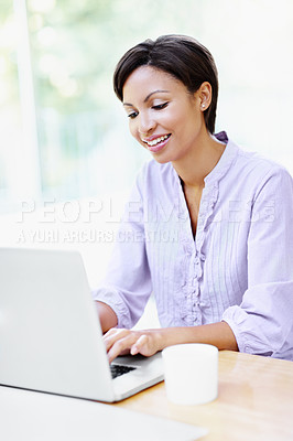 Buy stock photo Freelancer, woman and typing on laptop in house for copywriting, article research or blog editing. Remote work, copywriter and happy with tech in home for publication, upload draft or editor feedback