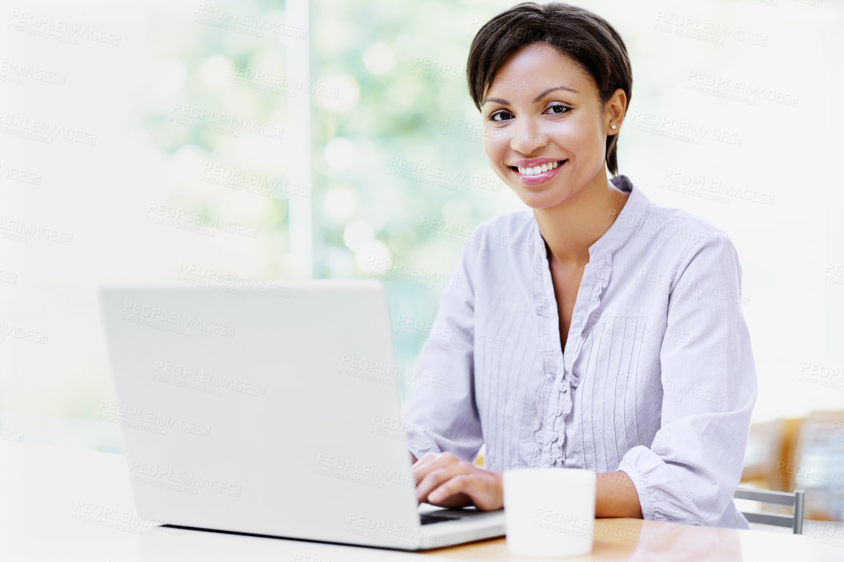 Buy stock photo Remote work, woman and portrait with laptop in house for copywriting, news column and editing blog. Freelancer, writer and happy with tech in apartment for publication, creative project and research