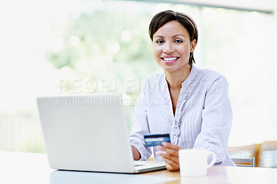 Buy stock photo Laptop, credit card and happy woman at desk in portrait, smile for deal or ecommerce with discount. Internet banking, online shopping and person with webshop sale, fintech or transaction at house