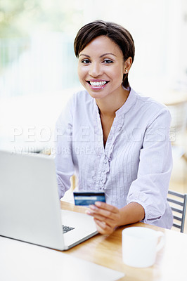 Buy stock photo Laptop, credit card and woman in portrait, smile for deal or ecommerce with discount in apartment. Internet banking, online shopping and person happy for webshop sale, fintech or transaction at home