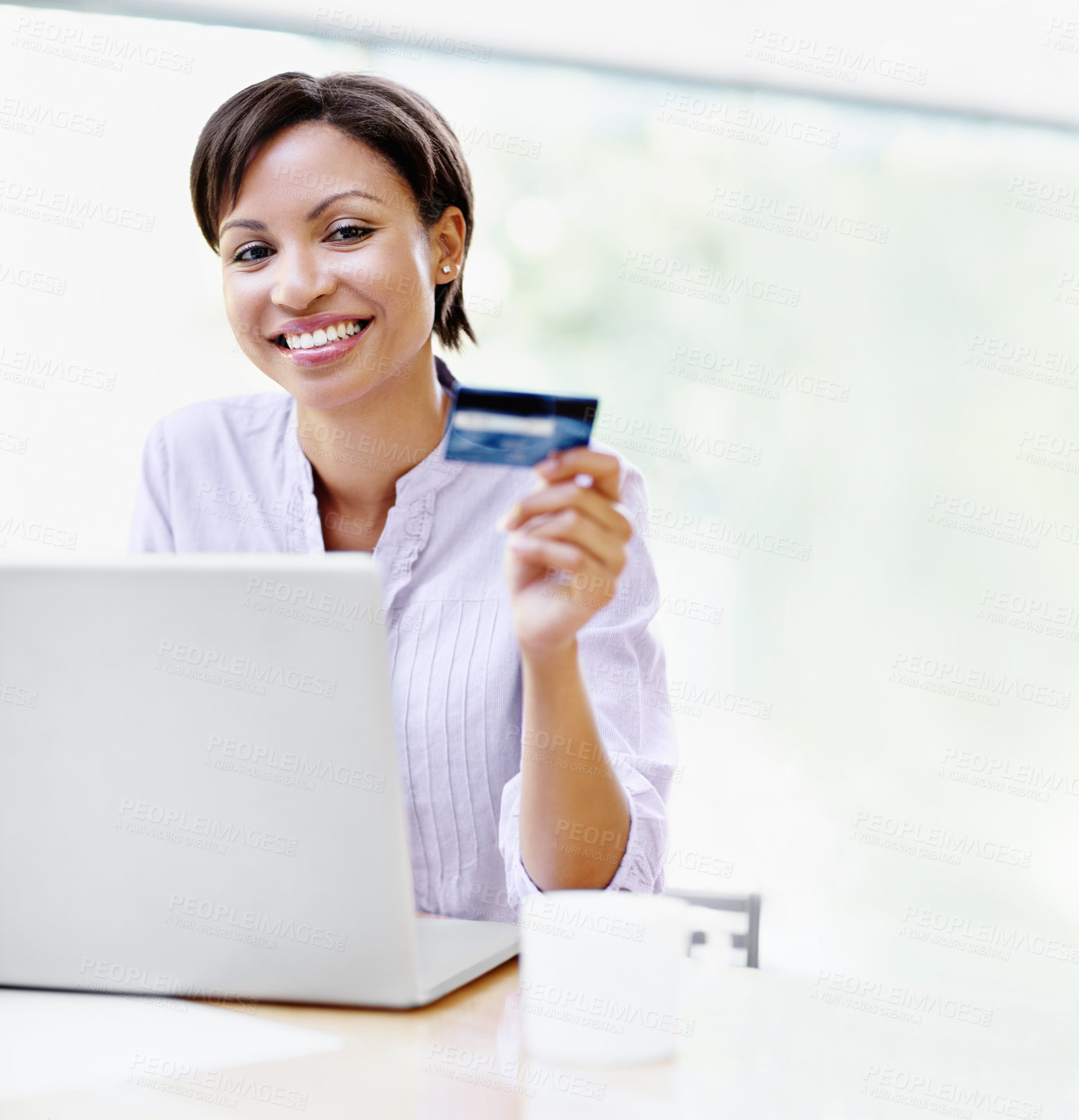 Buy stock photo Laptop, credit card and woman is happy for finance, smile for deal or ecommerce with payment discount. Internet banking, online shopping and person with webshop sale, fintech or transaction at house