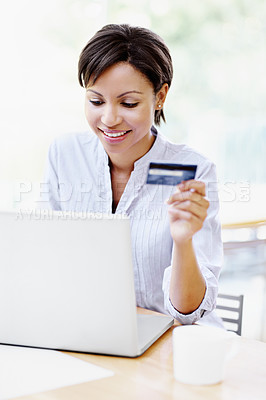 Buy stock photo Laptop, credit card and woman at desk for finance, smile for deal or ecommerce with payment discount. Internet banking, online shopping and person with webshop sale, fintech or transaction at house