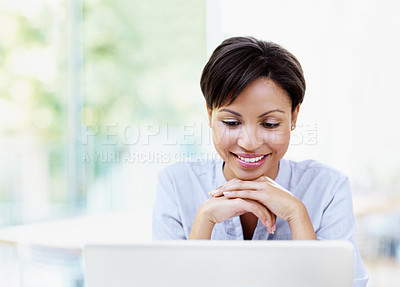 Buy stock photo Remote work, woman and reading on laptop in home for proofreading blog, editing and submission. Freelancer, editor and happy with tech in house for publication review, fact check article and research