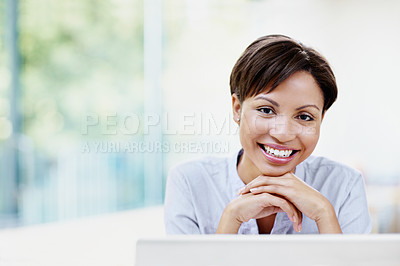 Buy stock photo Remote work, woman and portrait with laptop in home for copywriting, article editing and research. Space, freelance writer and happy with tech in house for publication, creative career and confidence