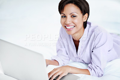 Buy stock photo Portrait, smile and woman in bedroom with laptop, streaming and movie research for weekend break. Space, female person and relax at house with pc, browsing website and download film for subscription