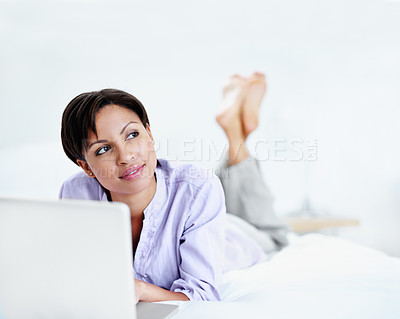 Buy stock photo Woman, relax and laptop in home with thinking for content writing ideas, blog vision or story inspiration. Person, copywriter and reflection with tech for online article, planning  or insight in bed 