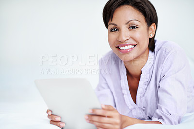 Buy stock photo Smile, rest and woman in bedroom with tablet, streaming and movie research for weekend break. Space, female person and portrait at house with tech, browsing website and download film for subscription
