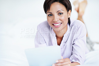 Buy stock photo Portrait, relax and woman in bedroom with tablet, streaming and movie research for weekend break. Space, female person and rest at house with digital, browsing web and download film for subscription