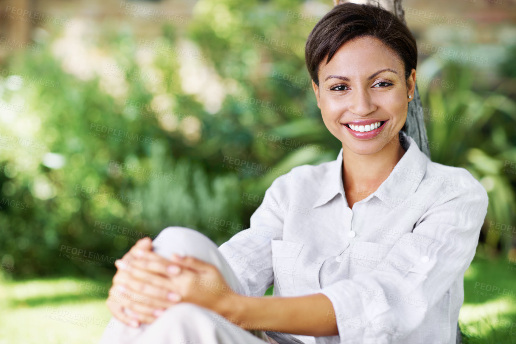Buy stock photo Portrait, relax and woman outdoor with smile, peace and comfortable for summer holiday. Happy, female person and rest in nature with positive attitude, calm morning and unwind at vacation destination