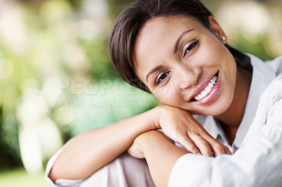 Buy stock photo Portrait, woman and relax at park with smile, peace and comfortable for summer holiday. Happy, female person and chilling in nature with positive attitude, calm morning and unwind at vacation getaway