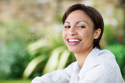 Buy stock photo Portrait, relax and woman in nature with smile, peace and comfortable for summer holiday. Happy, female person and rest outdoor with positive attitude, calm morning and unwind at vacation destination