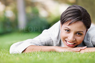 Buy stock photo Happy, rest and woman on grass with portrait, peace and comfortable for summer holiday. Smile, female person and lawn in nature with positive attitude, calm morning and unwind for vacation getaway