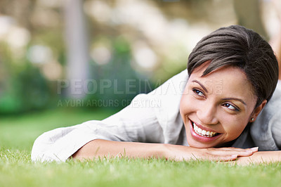 Buy stock photo Thinking, woman and relax on grass with smile, peace and daydreaming for summer holiday. Happy, female person or lawn in nature with positive attitude, calm morning and reflection at vacation getaway