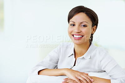 Buy stock photo Portrait, relax and woman in home with smile, peace or comfortable for weekend break on sofa. Space, female person and rest at house for calm morning, positive attitude and cosy on couch for wellness