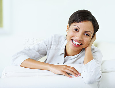 Buy stock photo Happy, relax and woman in home with portrait, peace or comfortable for weekend break on sofa. Space, female person and rest at house for calm morning, positive attitude and cosy on couch for wellness