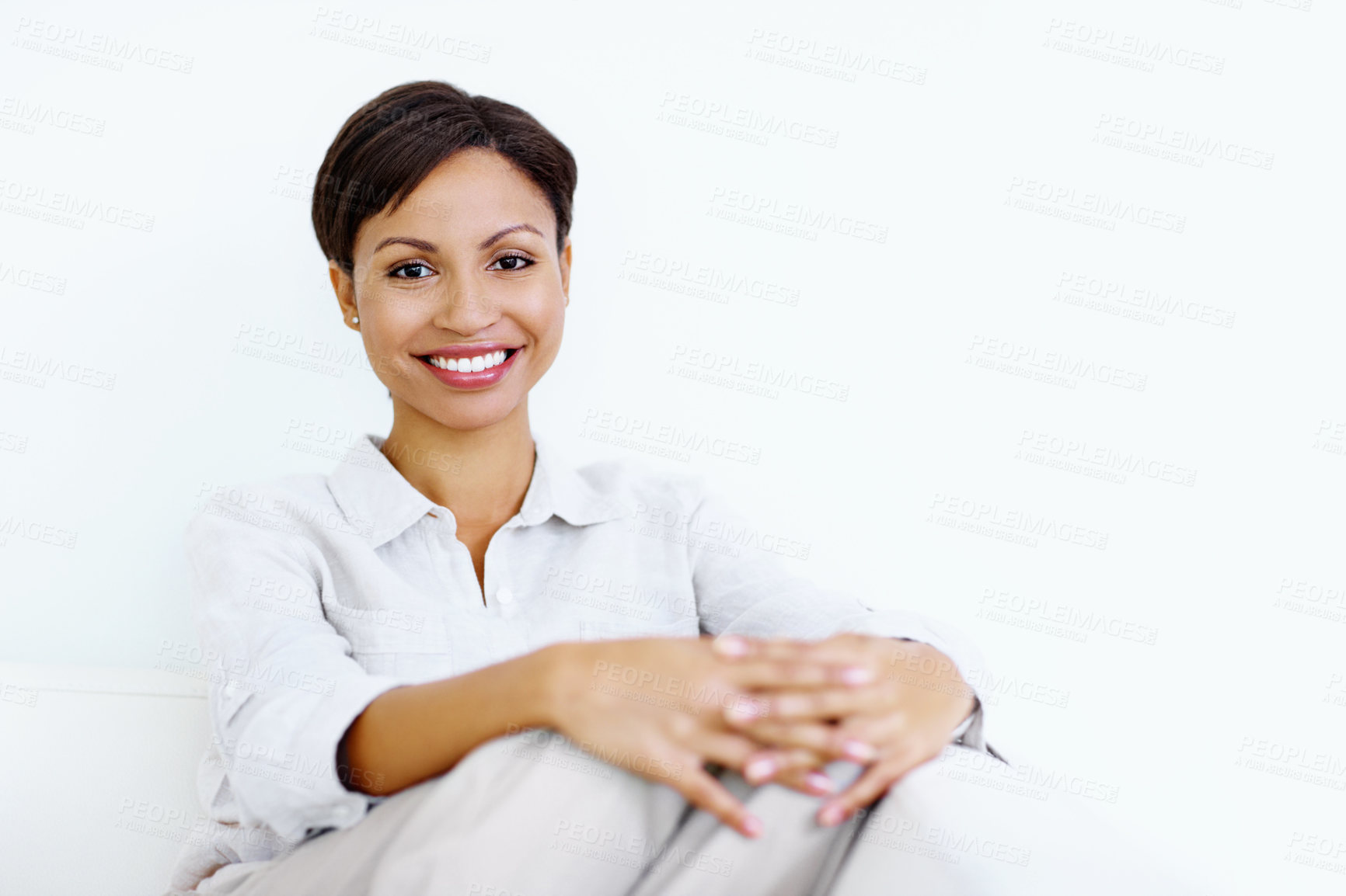Buy stock photo Happy, relax and woman on couch with portrait, peace or comfortable for weekend break. Space, female person and rest at house for calm morning, positive attitude and unwind on sofa for stress relief