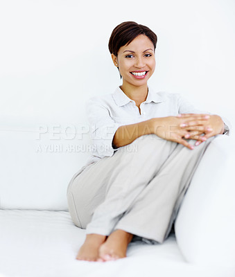 Buy stock photo Portrait, relax and woman at house with smile, peace or comfortable for weekend break on sofa. Space, female person and rest in home for calm morning, positive attitude and cosy on couch for wellness