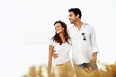 Buy stock photo Love, happy couple and hug at field on vacation for connection, healthy relationship and support. Smile, woman and man embrace in countryside with partner for trust, care and loyalty with space