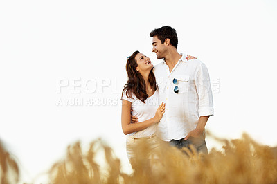 Buy stock photo Love, trust and smile with couple in field for connection, bonding and spring date together. Support, happiness and marriage anniversary with man and woman in countryside for care and getaway