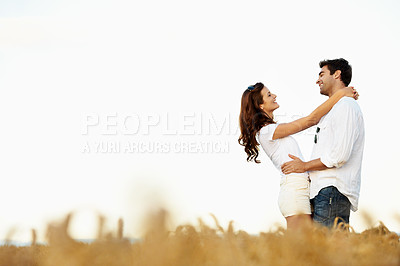Buy stock photo Love, happy or couple in nature with hug, partner care or bonding together on summer break. Smile, mockup space or people with embrace, relationship connection or romantic moment on outdoor date.