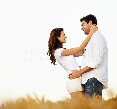 Buy stock photo Love, smile or couple in countryside with hug, partner care or bonding together on summer break. Happy, mockup space or people with embrace, relationship connection or romantic moment on outdoor date