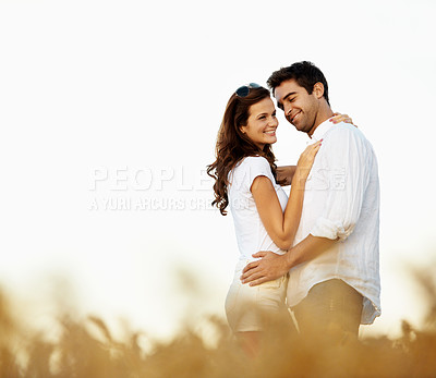 Buy stock photo Love, hug and smile with couple in field for connection, bonding and spring date together. Support, happiness and marriage anniversary with man and woman in countryside for space, trust and getaway