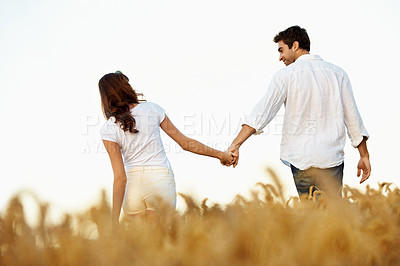 Buy stock photo Couple, holding hands and love with walk in meadow, partner and support with care in nature. People, marriage and romantic stroll outdoor for healthy relationship, bonding and together with trust